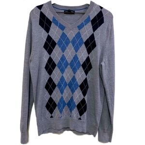 BANANA REPUBLIC 100% Merino Wool Argyle Sweater Men’s Large Gray Blue Black.